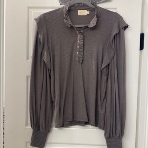 Ruffled Collar Long Sleeve Top - Gray